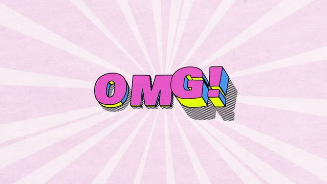 OMG! - comics style 3D text with shadow on paper textured background in pink colours and 3D motion emboss effects, 4K comics style animation