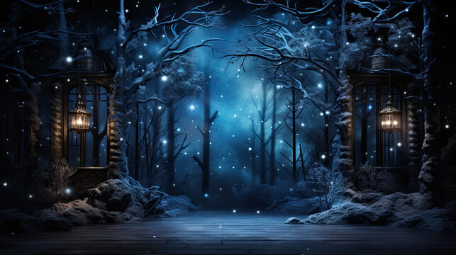 A snowy night scene with a path through a forest. Generative AI.