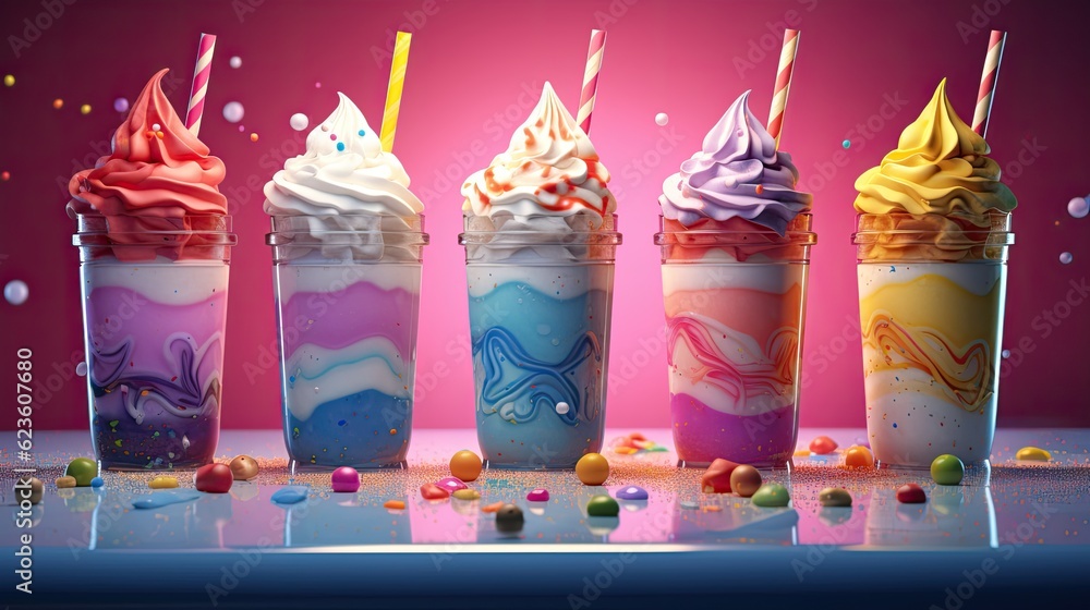 Aufkleber a row of different colored drinks with sprinkles. generative ai.