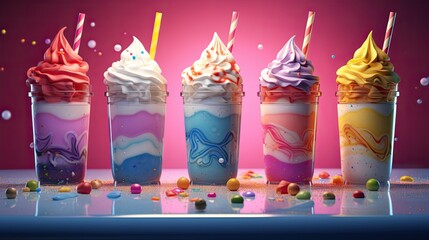 A row of different colored drinks with sprinkles. Generative AI.