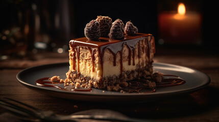 A commercial photograph of recess cheesecake with truffels on the top
