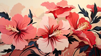 Beautiful hibiscus flowers pattern vector illustration. Pink hibiscus print. Hibiscus flower background. Generative ai.