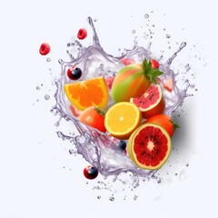 Fresh juice logo. Illustration of fruits and berries. Splash of juice from fruits. Watermelon, banana, pineapple, strawberry, orange, mango, grapes, berries, kiwi. Fruit illustration. Generative ai.