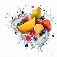 Fototapeta na wymiar Fresh juice logo. Illustration of fruits and berries. Splash of juice from fruits. Watermelon, banana, pineapple, strawberry, orange, mango, grapes, berries, kiwi. Fruit illustration. Generative ai.