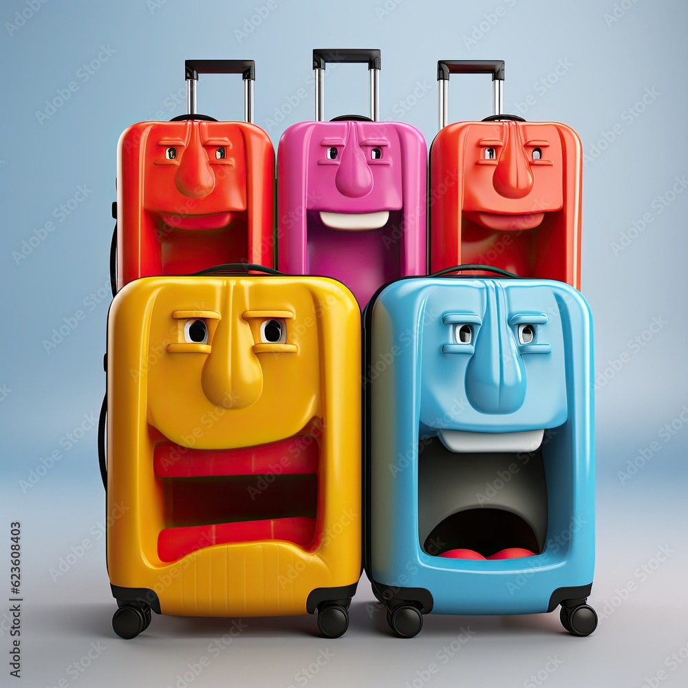 Poster a group of suitcases with faces painted on them. generative ai.