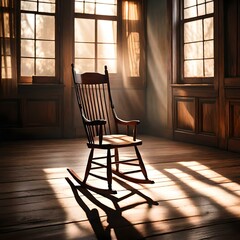 An old wooden rocking chair in a dusty vintage room with light beams created with generative AI technology. 