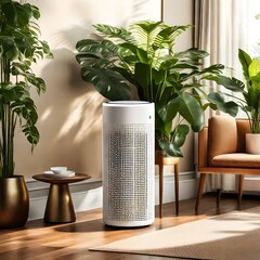An air purifier in the living room with plants, AI-generated. The room is transformed into a futuristic setting, with sleek, minimalist furniture and avant-garde decor. Ai generated