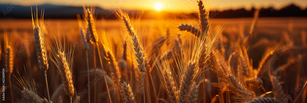 Poster a field of wheat with the sun setting in the background. generative ai.