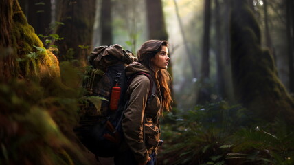 Fototapeta premium a young woman backpacker in the woods.