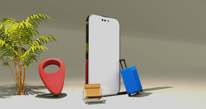3D animated video of summer vacation on the beach with mobile phones and there are chairs and suitcases and arap map location with a beautiful and beautiful white sand background