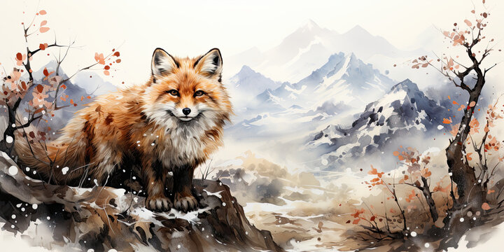 A painting of a fox standing on a snowy hill. Generative AI.