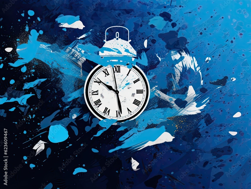 Poster a clock with blue paint splatters around it. generative ai.