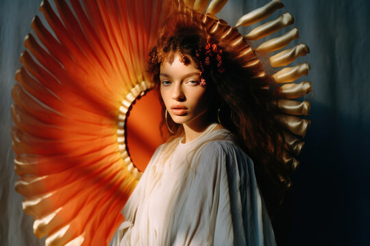 portrait of a woman/model/book character standing by a window in warm daylight with a thoughtful/sad expression in a fashion/beauty editorial magazine style film photography look - generative ai art