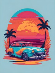 T shirt design, vintage classic old timer car at sunset under palm trees 