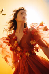 portrait of a woman/model/book character surrounded by flowers in warm daylight with a thoughtful expression in a fashion/beauty editorial magazine style film photography look - generative ai art