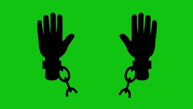 video animation icon black silhouette of hands cartoon, breaking chains. On a green chroma key background