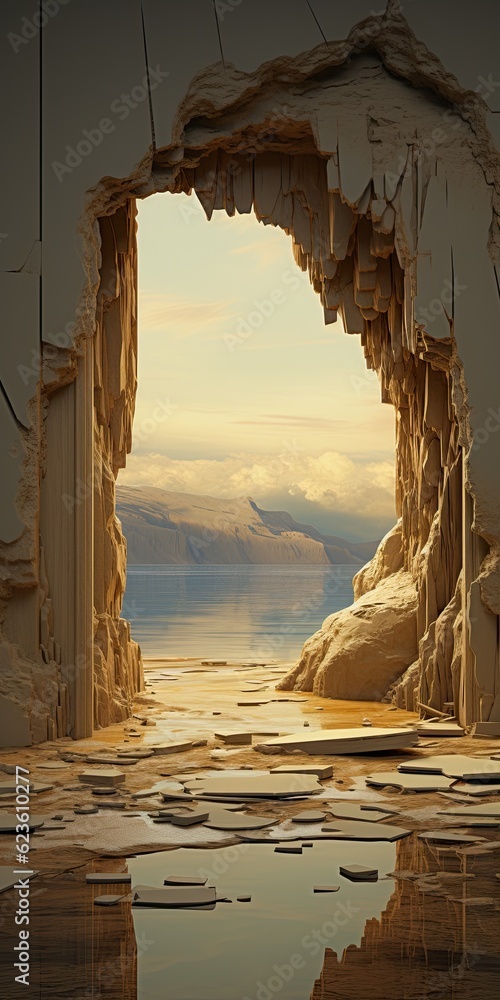 Poster a picture of a cave with a view of the ocean. generative ai.