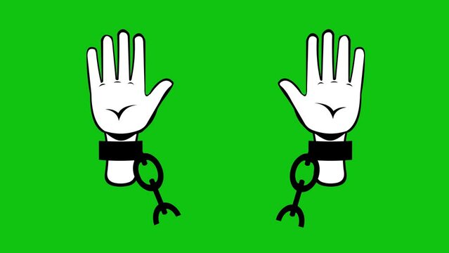 video drawing animation of hands cartoon, breaking chains, drawn in black and white. On a green chroma key background