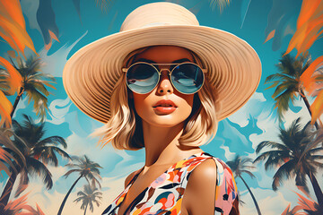 Fashion woman wearing 60s retro style summer dress, sunglasses and hat. Travel themes collage.