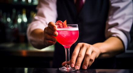 Barman hand holding a glass filled with cocktail on the bar counter. bartender hands, cocktail glass and man make alcohol beverage at pub, night club or drinks bar. digital ai
