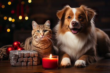 A dog and a cat sitting next to a lit candle. Generative AI. Christmastime, christmas celebration.