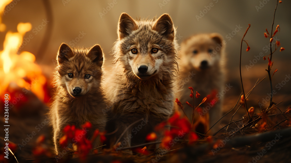 Poster a group of wolfs standing in front of a fire. generative ai. animals run for their life from forest 