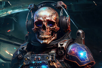 Horror Sci-Fi Skeleton Skull in Space Suit Generative AI Illustration