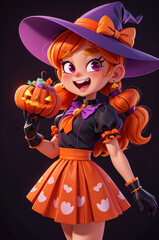 Cute Cartoon Witch with Jack-O-Lantern Dress Carved Pumpkin, Night, Halloween Holiday Generative AI Illustration