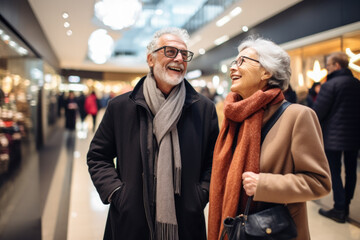 Candid portrait of elderly couple in shopping mall.