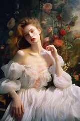 Fototapeta premium portrait of a woman/model/book character in a royal princess/fairy dress in floral setting in a fashion/beauty editorial magazine style film photography look - generative ai art