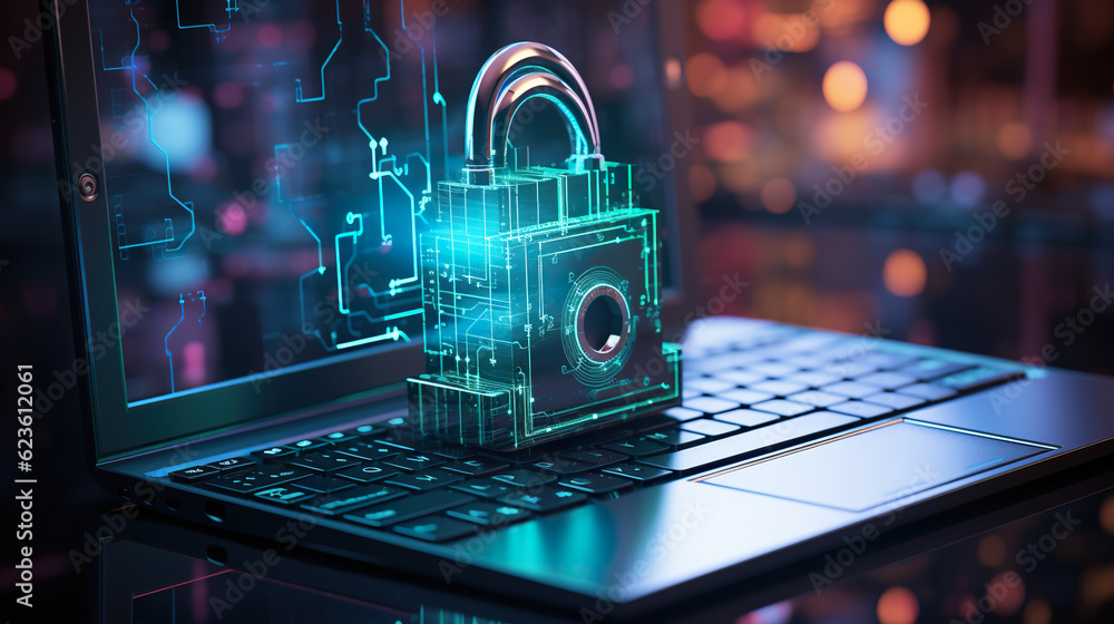 Aufkleber cyber security logistics, solutions. a laptop with a lock on the keyboard. generative ai image.