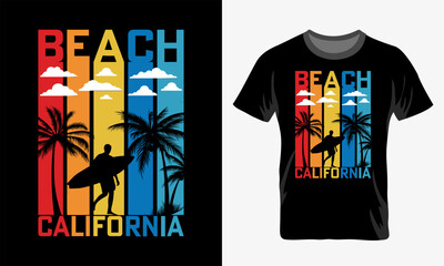 Obraz na płótnie Canvas Tshirt design of an Illustration of a California beach with palm trees and a surfer dude