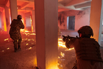  A group of professional soldiers bravely executes a dangerous rescue mission, surrounded by fire...