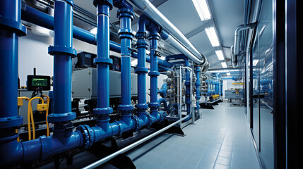 Obraz premium A room filled with lots of blue pipes. Generative AI. Water recovery or purification plant.