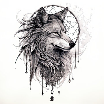 A drawing of a wolf with a dream catcher. Generative AI.