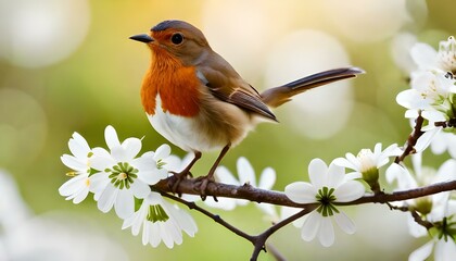 Funny Robin bird bird sit on a branch in a spring, birds in nature, Generative AI