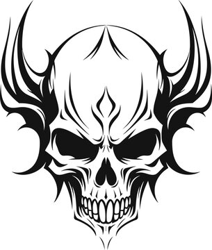 Horned Demon Skull vector illustration isolated on white background,Monochrome design, Line Art