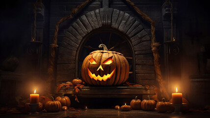 Halloween illustration of a spooky pumpkin in front of the fireplace in a creepy looking room with candles