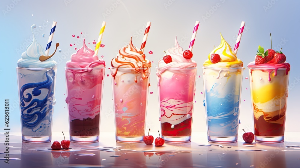 Poster a row of different colored drinks with strawberries and cherries. generative ai.