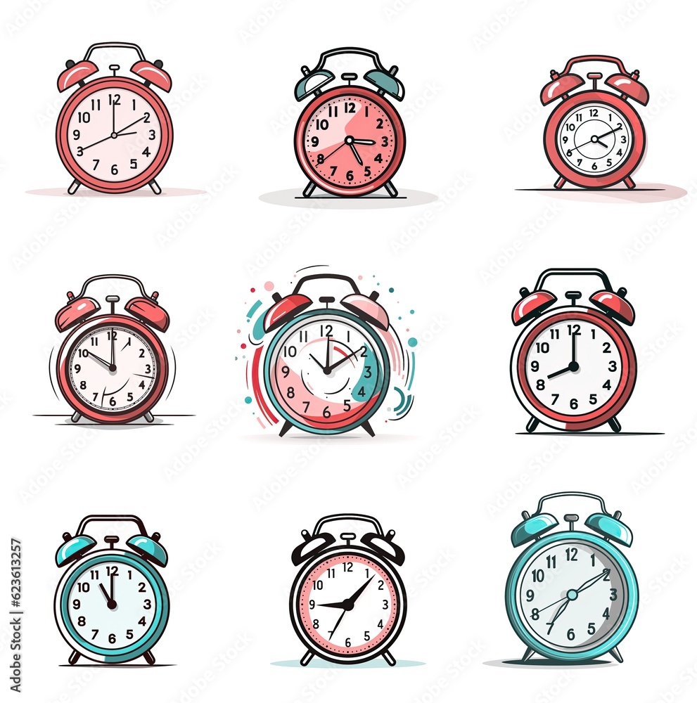 Aufkleber a set of nine different colored alarm clocks. generative ai.