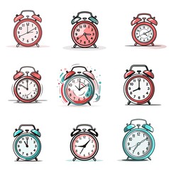A set of nine different colored alarm clocks. Generative AI.