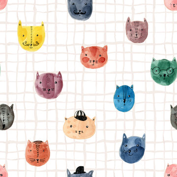 Cute hand drawn watercolor cat heads seamless pattern on striped background. Funny colorful cats faces texture for kids print design, pet shop advertisement, banners, surface, patterns, package