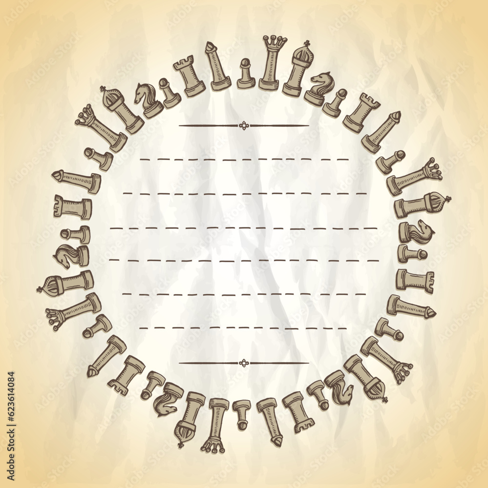 Wall mural chess frame art with chess figures and place for text on an old style paper backdrop