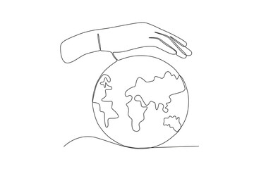 A hand protecting the earth's ozone. World ozone day one-line drawing