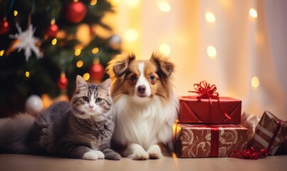 Fototapeta na wymiar Dog and cat celebrating christmas 