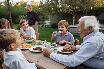 Grandfather enjoying a meal with his grandchildren at a table