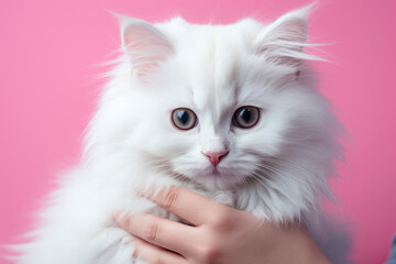 Hands holding pet cat on pastel background, copy space, Adorable domestic pet concept