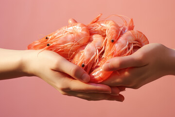 Hands holding fresh prawns or shrimp on pastel background, fresh food ingredients, Healthy food