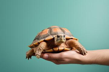 Fototapeta na wymiar Hands holding pet turtle on pastel background, copy space, Adorable domestic pet concept