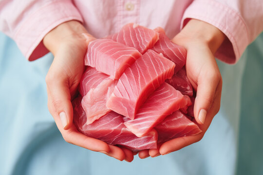 Hands holding fresh tuna fish on pastel background, fresh food ingredients, Healthy food
